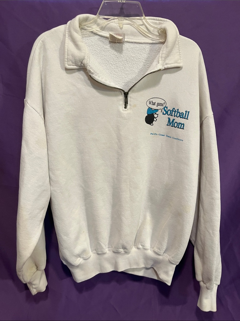Jerzees White "Softball Mom" Half-Zip Sweatshirt with Blue Logo